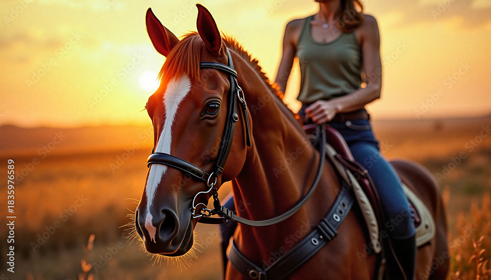 Obraz premium Woman riding horse in sunset field
