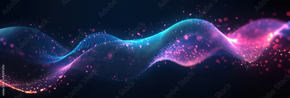 Obraz premium Abstract flowing wave of blue and pink glowing particles and dots forming a dynamic mesh pattern on dark background conveying motion and energy