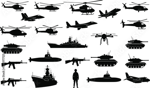 Collection of black silhouette military vehicles aircraft and weapons helicopter