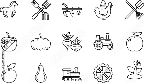 Collection of farm and garden icons including horse chicken tractor and fruits