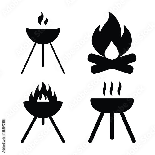 Grill and campfire icons set, barbecue and outdoor heat symbols