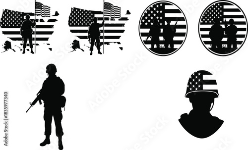 Silhouette soldiers with American flag and map elements military army