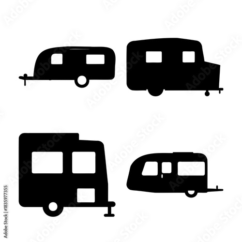 Diverse rv, camper, and caravan black silhouette icons set.