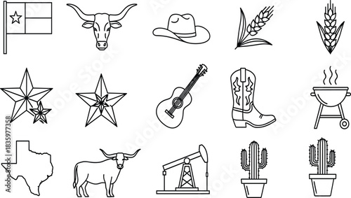 Texas symbols outline icons including flag longhorn cowboy hat wheat guitar boot bbq grill cactus and oil pump