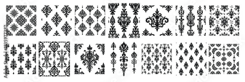 Black damask patterns and ornamental elements on white