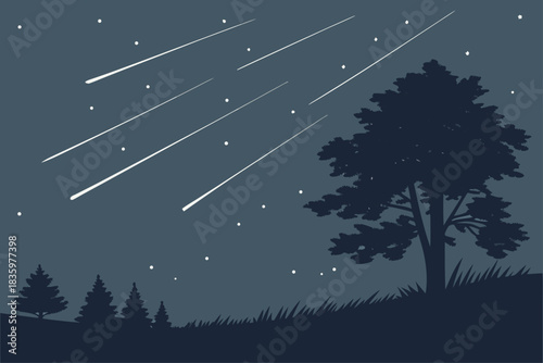 Dynamic flat design of a meteor shower with streaks of light