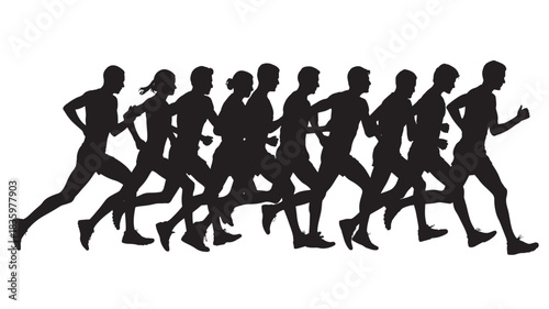 Silhouette of runners in a marathon race vector illustration of athletes running isolated on white background