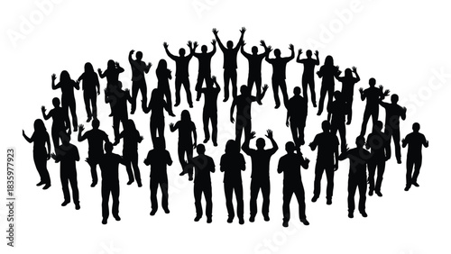 Excited crowd silhouettes waving hands isolated on white background, Vector
