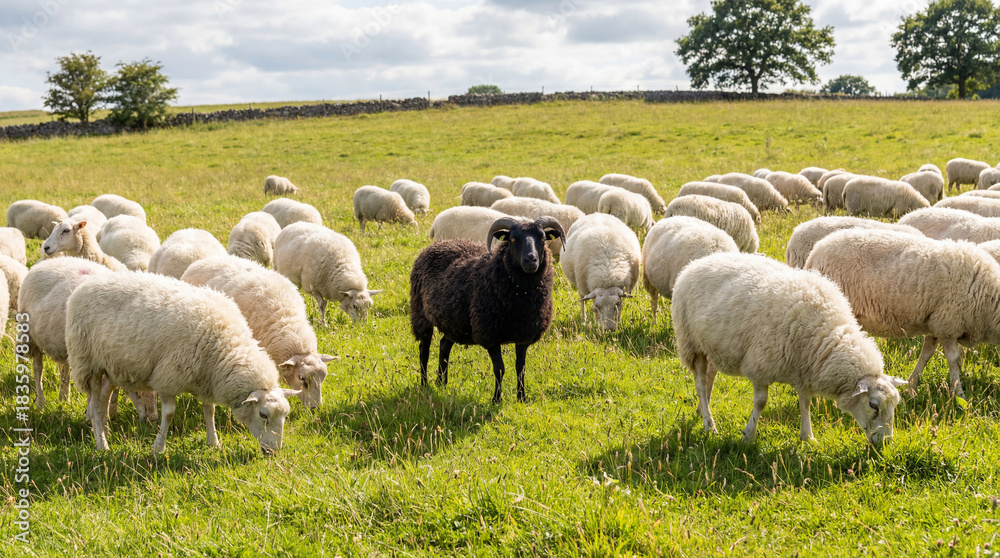 Fototapeta premium A Black Sheep Among White Sheep