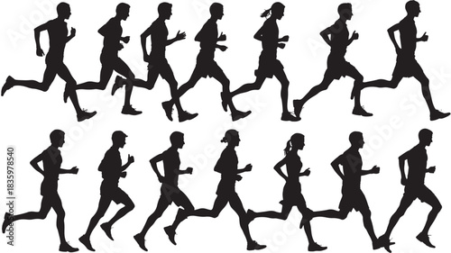 Silhouettes of people running vector illustration of diverse men and women in motion isolated on a white background