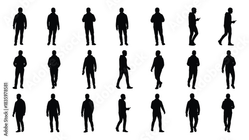 Collection of male silhouettes in various poses isolated on white background, Vector