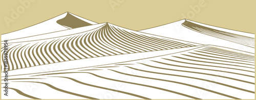 Graphic desert dunes with wind lines in tan against a beige sand landscape