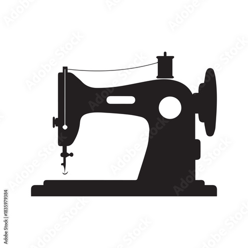 Vintage sewing machine vector icon. Black silhouette of classic tailor equipment for craft, needlework, and dressmaking, isolated on a white background with reflection.
