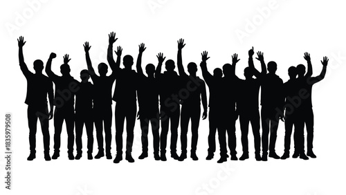 Crowd silhouettes with raised hands isolated on white background, Vector