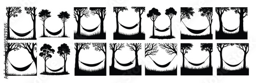 Black silhouette collection of hammocks strung between trees
