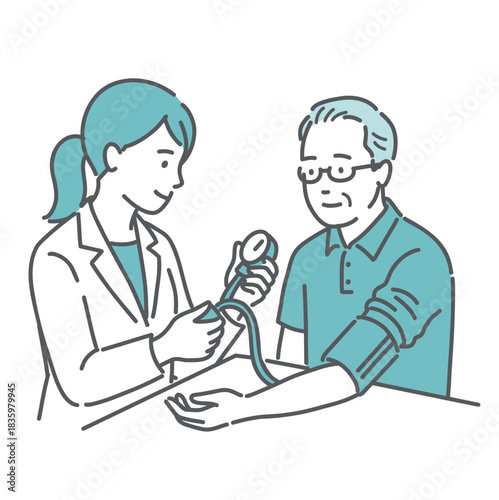 医療従事者による高齢男性の血圧測定イラスト
