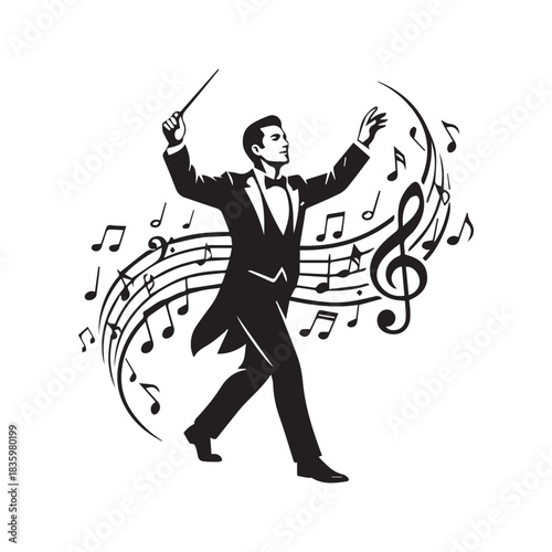Maestro conductor logo with musical notes and treble clef. Man in suit vector icon for classical concert, orchestra, or opera performance.
