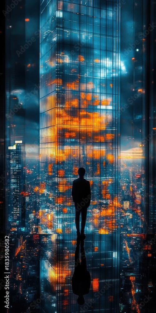 Fototapeta premium Silhouette of a person standing inside a tall glass building overlooking a cityscape filled with glowing orange lights during dusk, creating a futuristic and reflective atmosphere