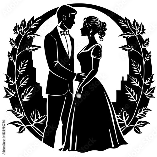 Romantic Couple Standing in Floral Wreath Frame – Black and White Illustration