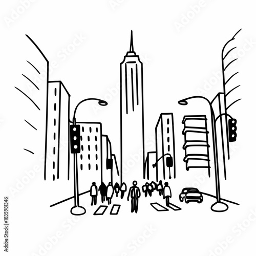 Busy City Street Scene – Urban Crowd Illustration Line Art