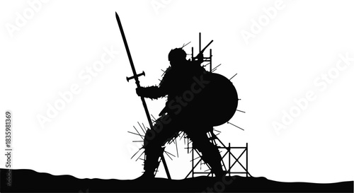 Silhouette of a warrior with sword and shield, standing against a stark background with structural elements.