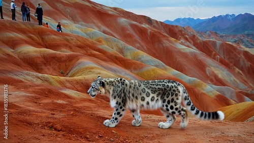 Snow leopard on colorful mountain landscape