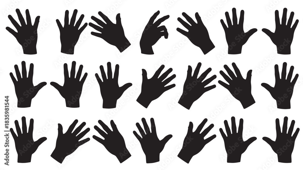 Fototapeta premium Set of hand silhouettes diverse hand gestures in black vector illustration isolated on white background