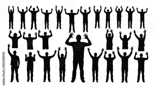 Diverse silhouettes of people with raised hands isolated on white background, Vector