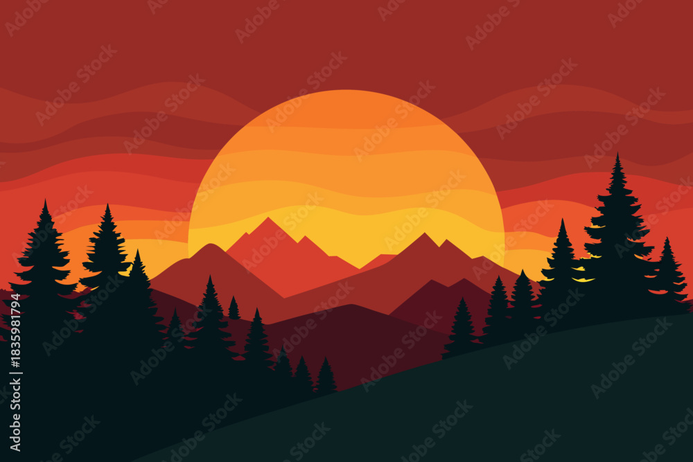 Obraz premium Sunset Vector Landscape with Pine Silhouettes