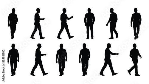 Male silhouettes walking and pointing isolated on white background, Vector