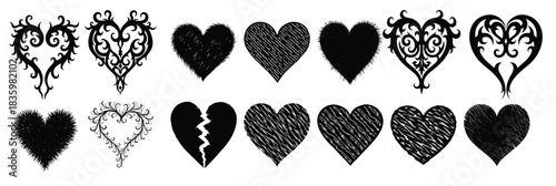 Collection of black heart shapes with diverse textures and styles