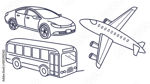 Collection of hand drawn transportation vehicles including a car bus and airplane