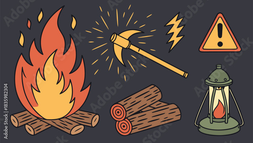 Campfire and camping gear illustration with axe and lantern