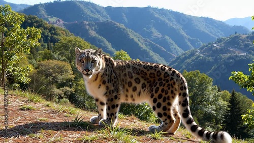 Snow leopard in mountainous terrain