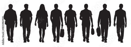 eight black silhouettes of people walking carrying bags some