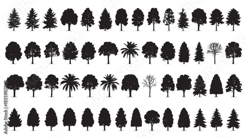 Set of tree silhouettes various shapes and sizes vector design element for nature illustrations and landscape designs