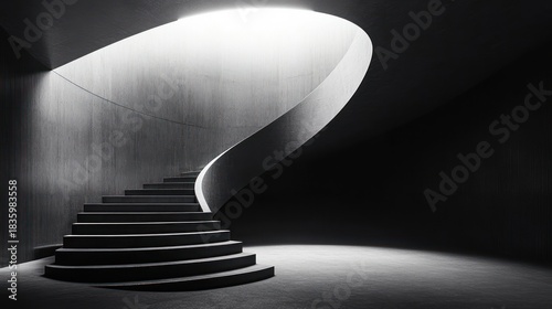 elegant curved spiral staircase illuminated by soft natural light from large circular opening in dark minimalist interior