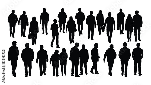 Diverse group of walking people silhouettes isolated on white background, Vector