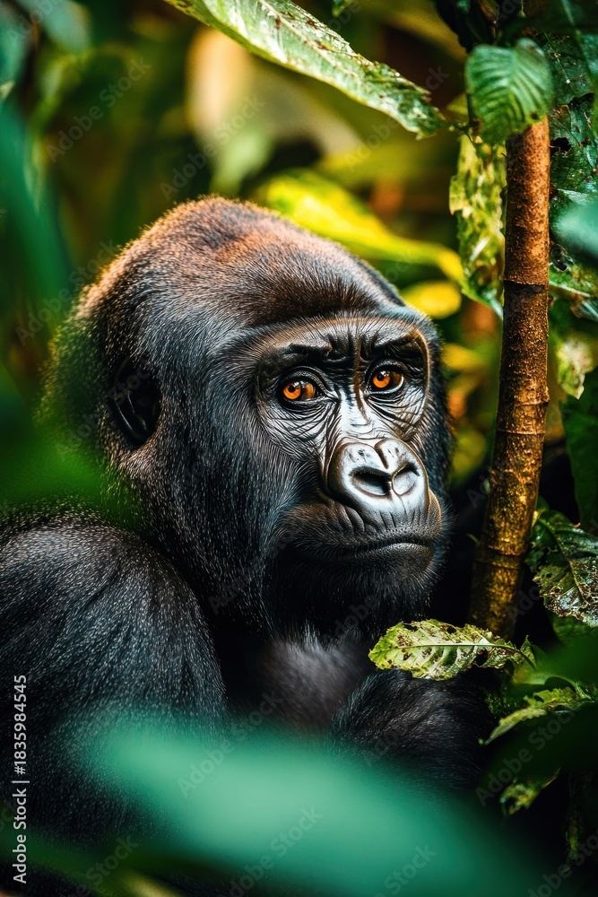 Obraz premium Close-up of a contemplative gorilla surrounded by lush green foliage in a dense forest environment