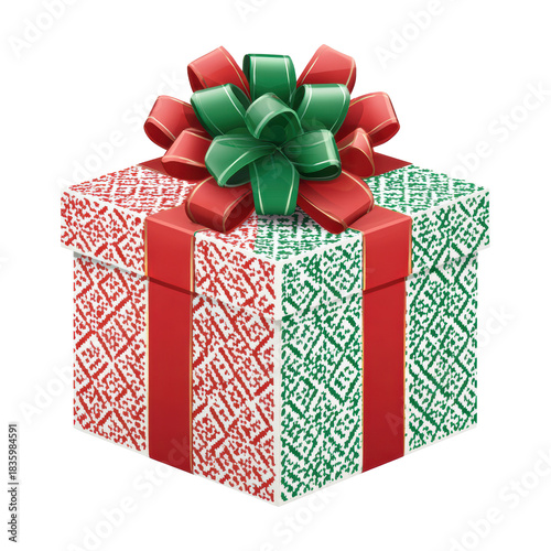 Joyful red and green Christmas gift box present with big bow, wrapped in festive paper. An isolated surprise for holiday celebration, representing giving and joy