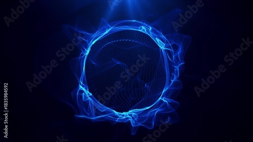 Abstract 3D sphere of glowing blue particles and waves on a dark background. Futuristic digital design, energy, technology, and AI.
