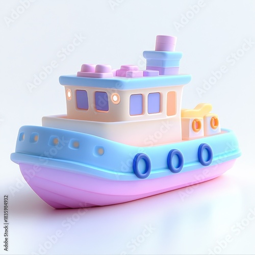 Colorful toy boat with soft pastel hues and rounded shapes giving a playful and cheerful impression on a clean white background