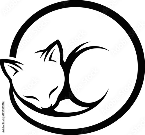 Stylized monochrome vector illustration of a peaceful curled-up kitten icon, perfect for various design projects requiring a cute sleeping furball emblem or logo