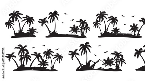 Set of tropical palm tree silhouettes vector illustration of exotic island landscapes perfect for summer vacation designs