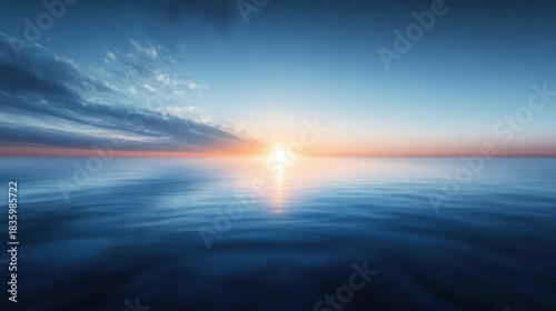 Calm ocean scene during sunrise with soft waves and blue sky merging with warm sunlight on the horizon, peaceful and serene atmosphere