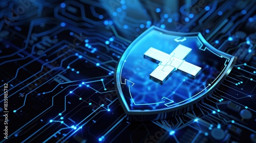 Glowing blue shield with a white cross symbol protecting sensitive digital health data on a futuristic circuit board background representing advanced medical technology.