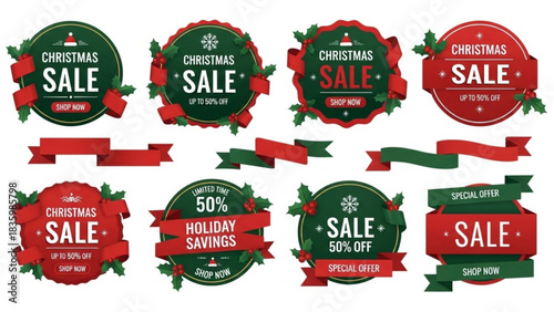 Boost Holiday Sales with Festive Christmas Sale Badges and Ribbon Banners, Perfect for Seasonal Promotions and Advertising Campaigns, originally vector graphics