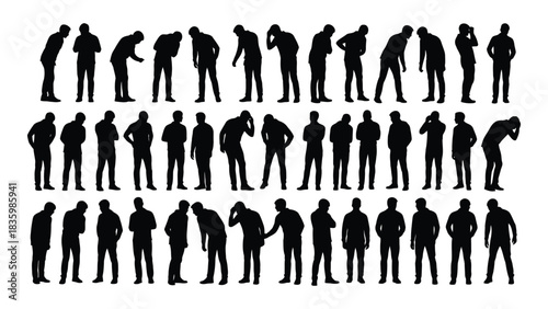Collection of male silhouettes in various poses isolated on white background, Vector