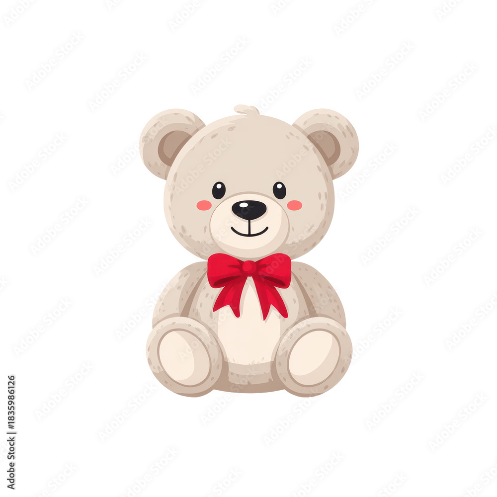Obraz premium Cute, happy teddy bear character with red bow. An adorable cartoon illustration of soft toy for baby or child, sitting isolated on plain background, smiling