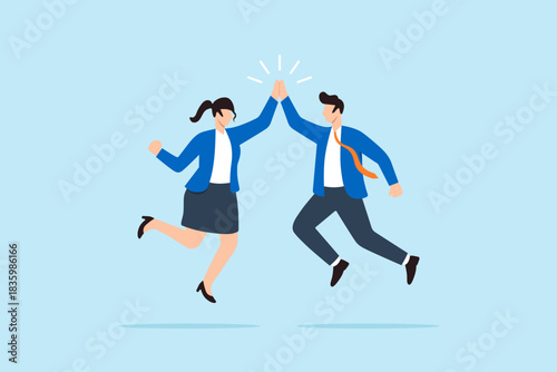 Flat illustration of businessman and businesswoman jumping for high five symbolizing teamwork success celebration collaboration and workplace motivation